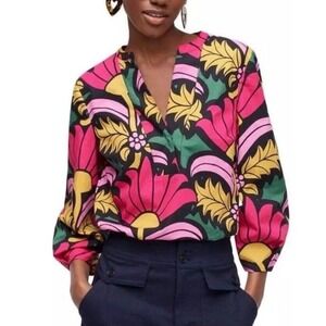 J CREW Women's Open V Neck Cotton Poplin Top in Ratti grandi fiori Size M EUC